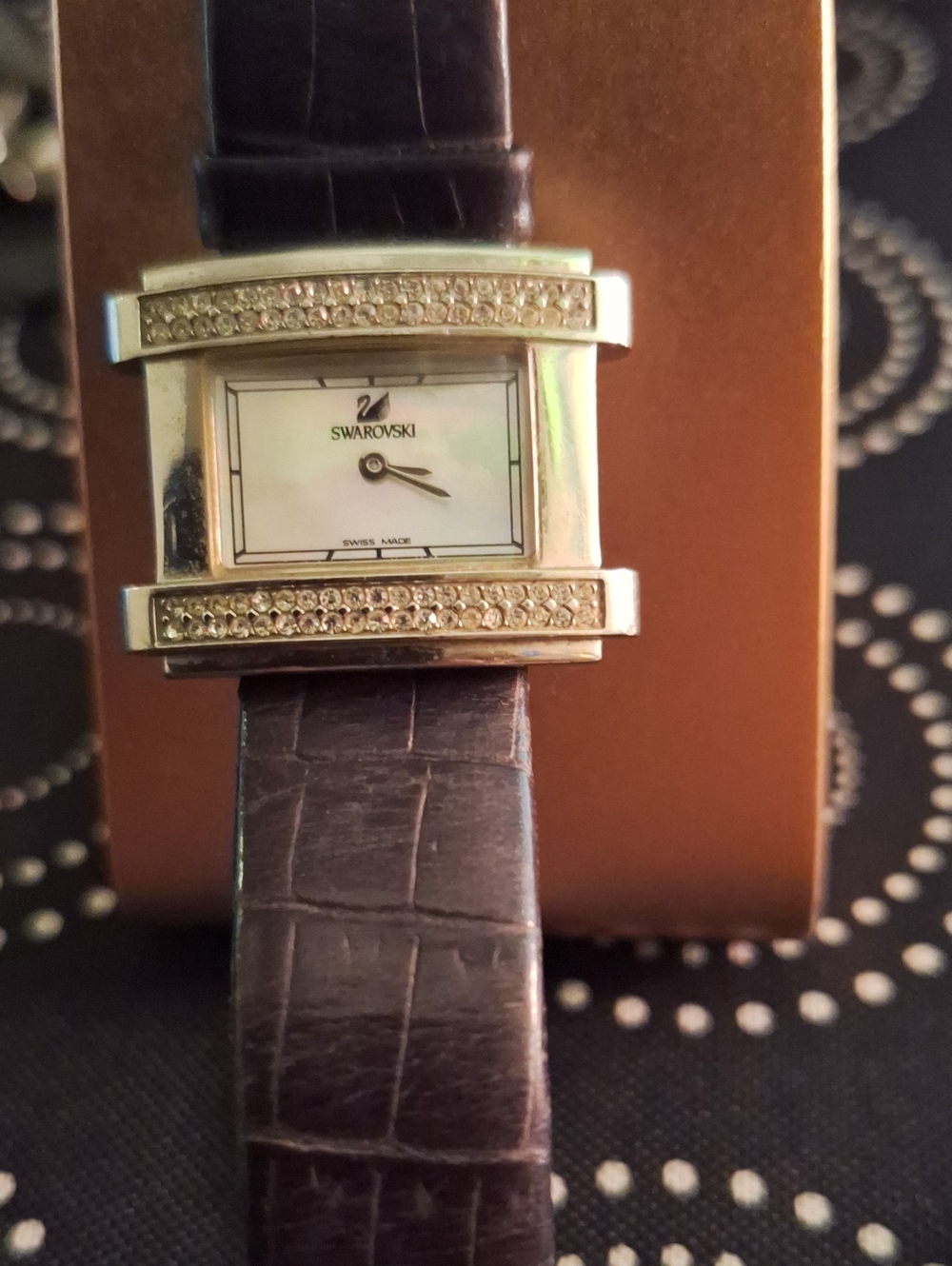 Swarovski Silver Crystal-Trim Rectangular Watch with Black Strap